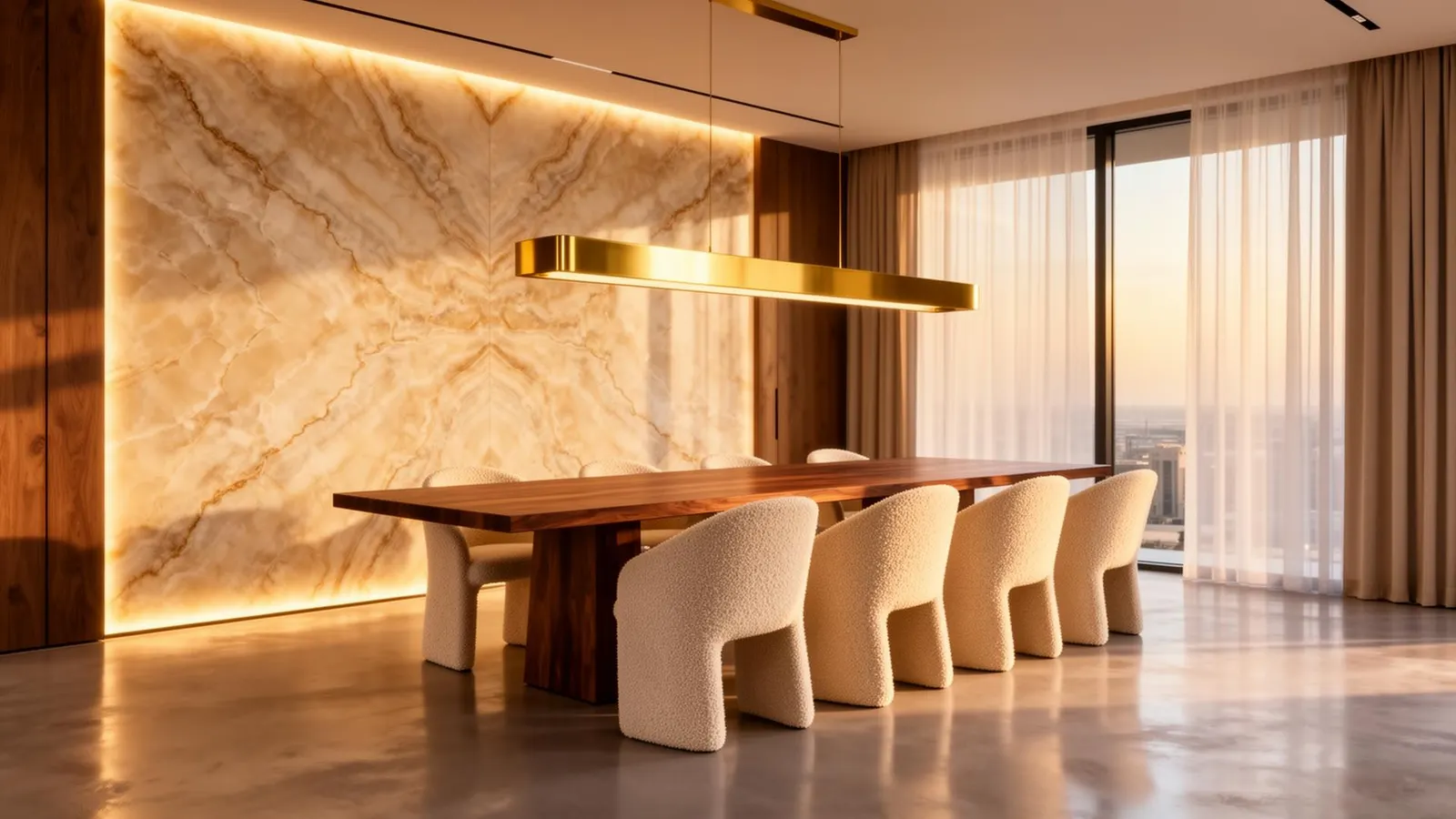 Photoreal Dubai dining room render — backlit onyx, walnut, brass, bouclé